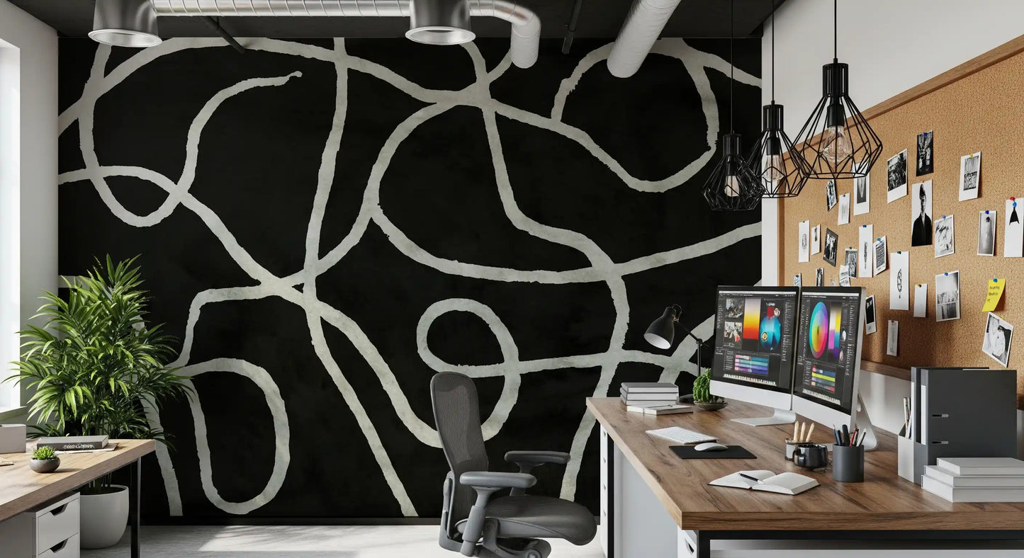 Murale da parete minimalista con linee organiche a inchiostro su carbone
