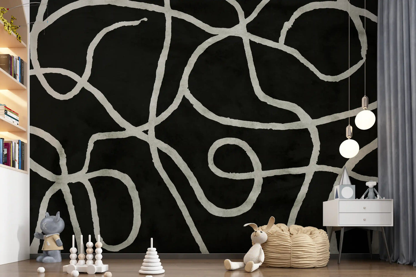 Murale da parete minimalista con linee organiche a inchiostro su carbone