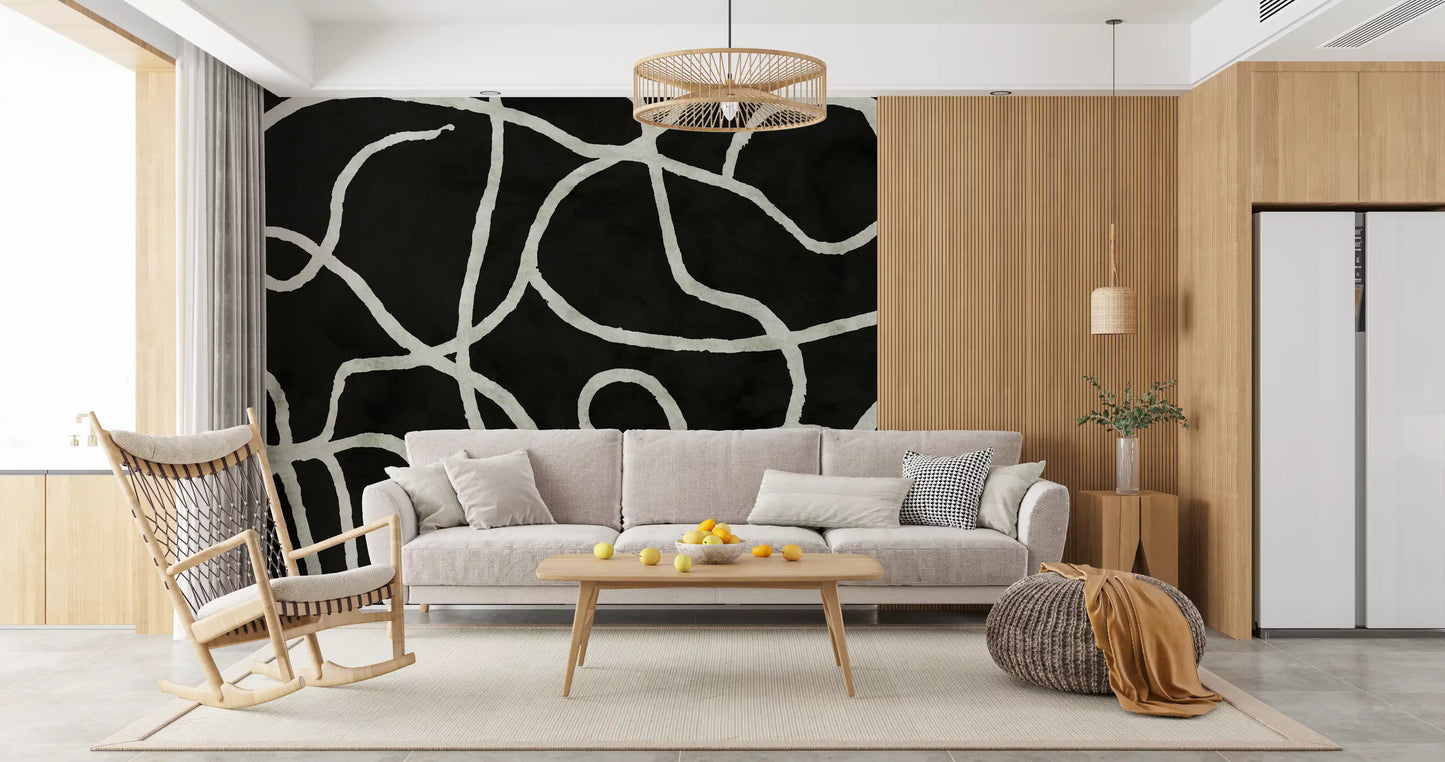 Murale da parete minimalista con linee organiche a inchiostro su carbone