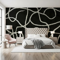 Murale da parete minimalista con linee organiche a inchiostro su carbone