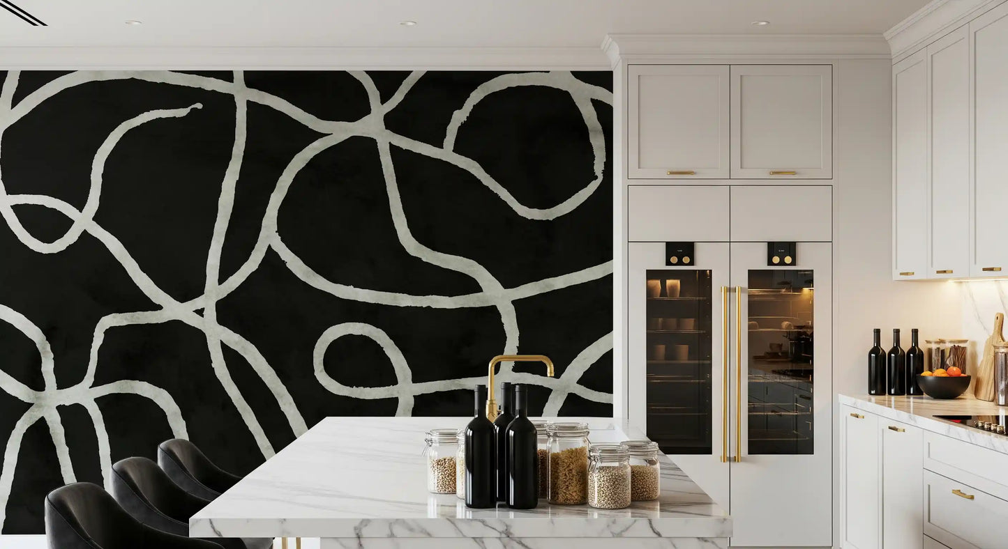 Murale da parete minimalista con linee organiche a inchiostro su carbone