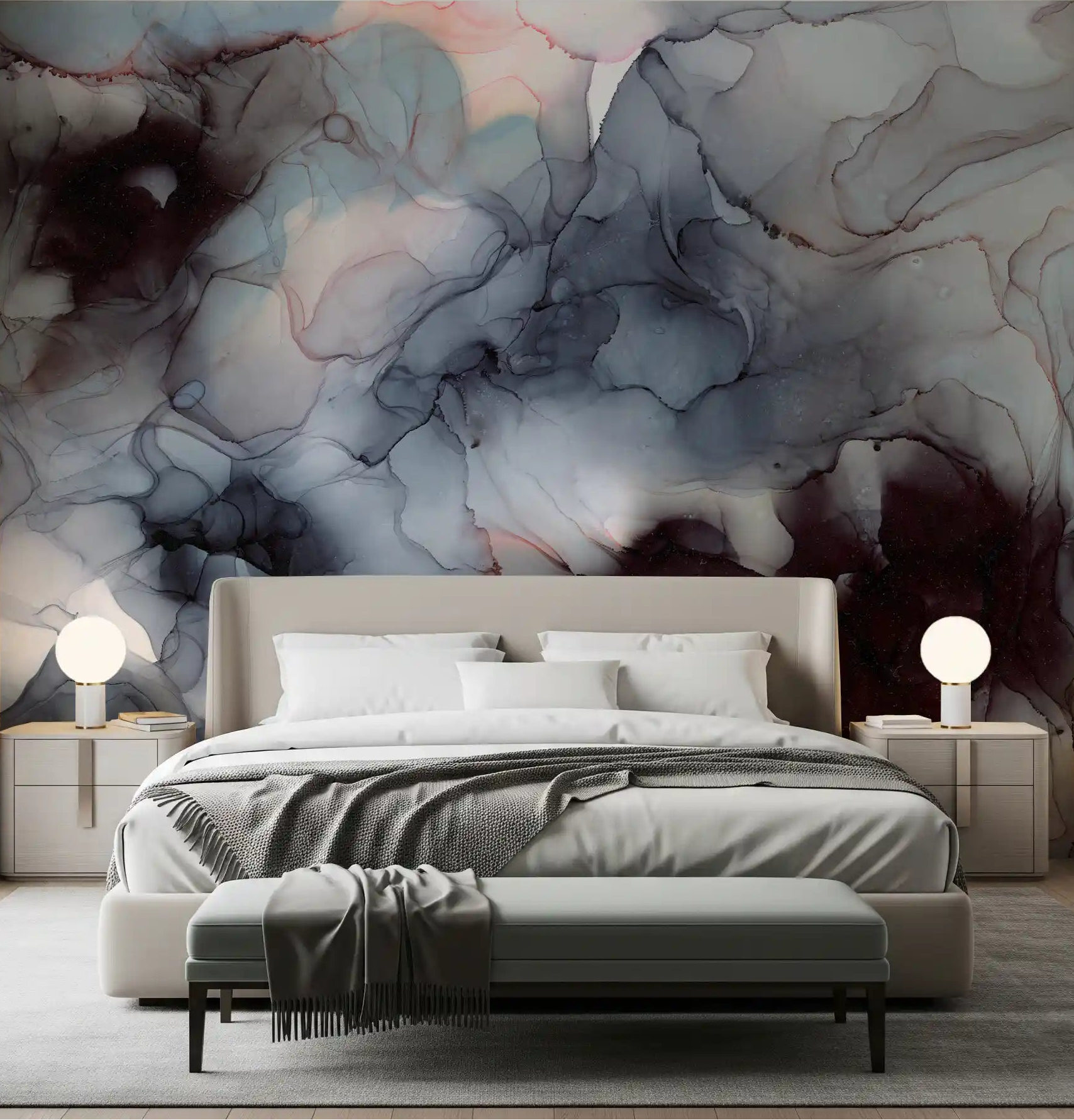 Flowing Obsidian and Blush Mist wall mural darkens a bedroom with smoky marble GD11031

