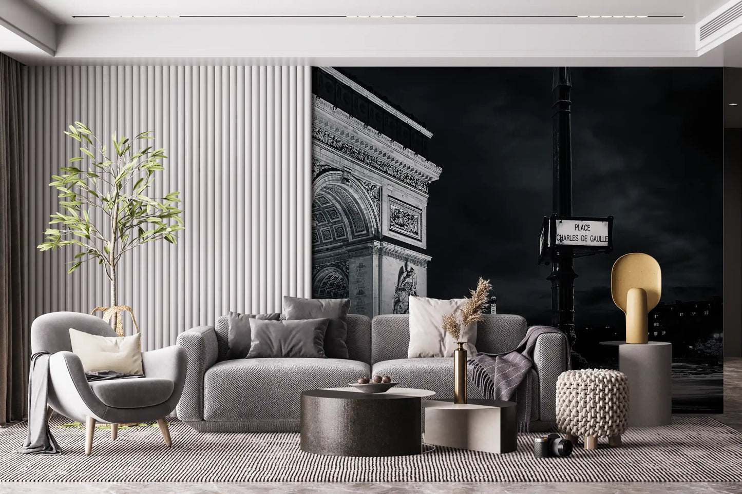 Carta da parati murale Archi di Parigi a mezzanotte e scie luminose