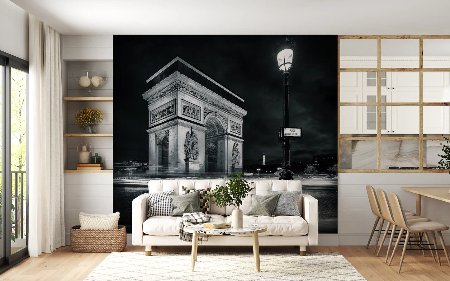 Carta da parati murale Archi di Parigi a mezzanotte e scie luminose