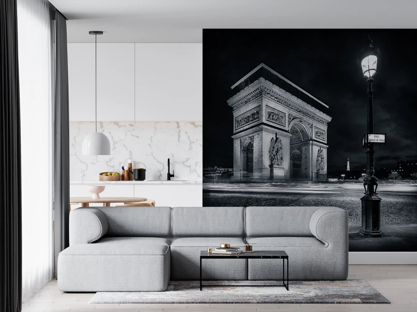 Carta da parati murale Archi di Parigi a mezzanotte e scie luminose