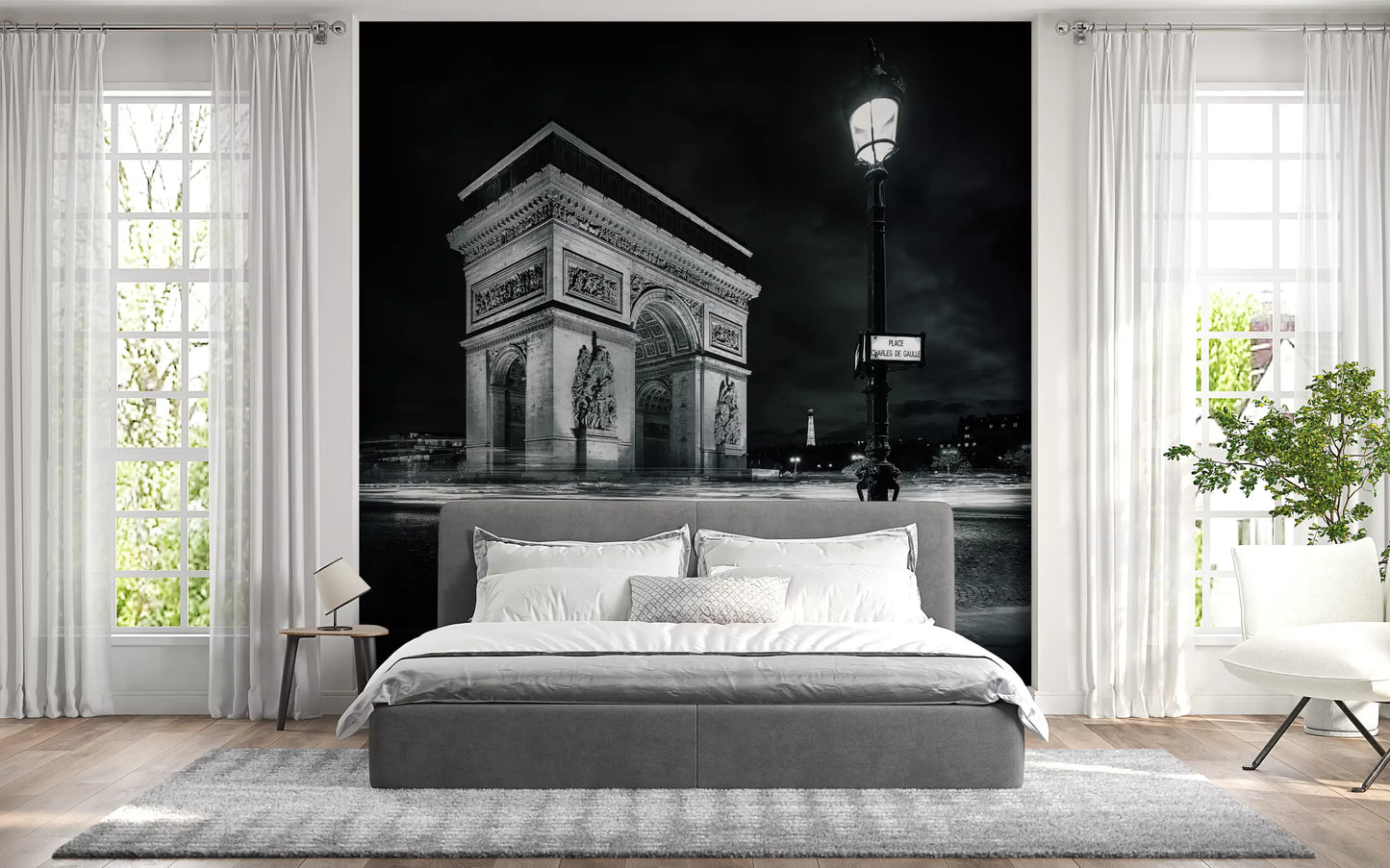 Carta da parati murale Archi di Parigi a mezzanotte e scie luminose