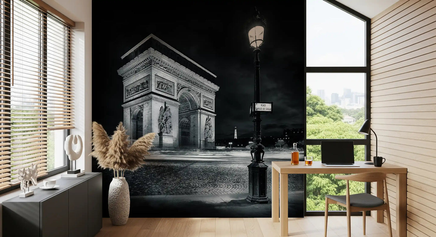Carta da parati murale Archi di Parigi a mezzanotte e scie luminose