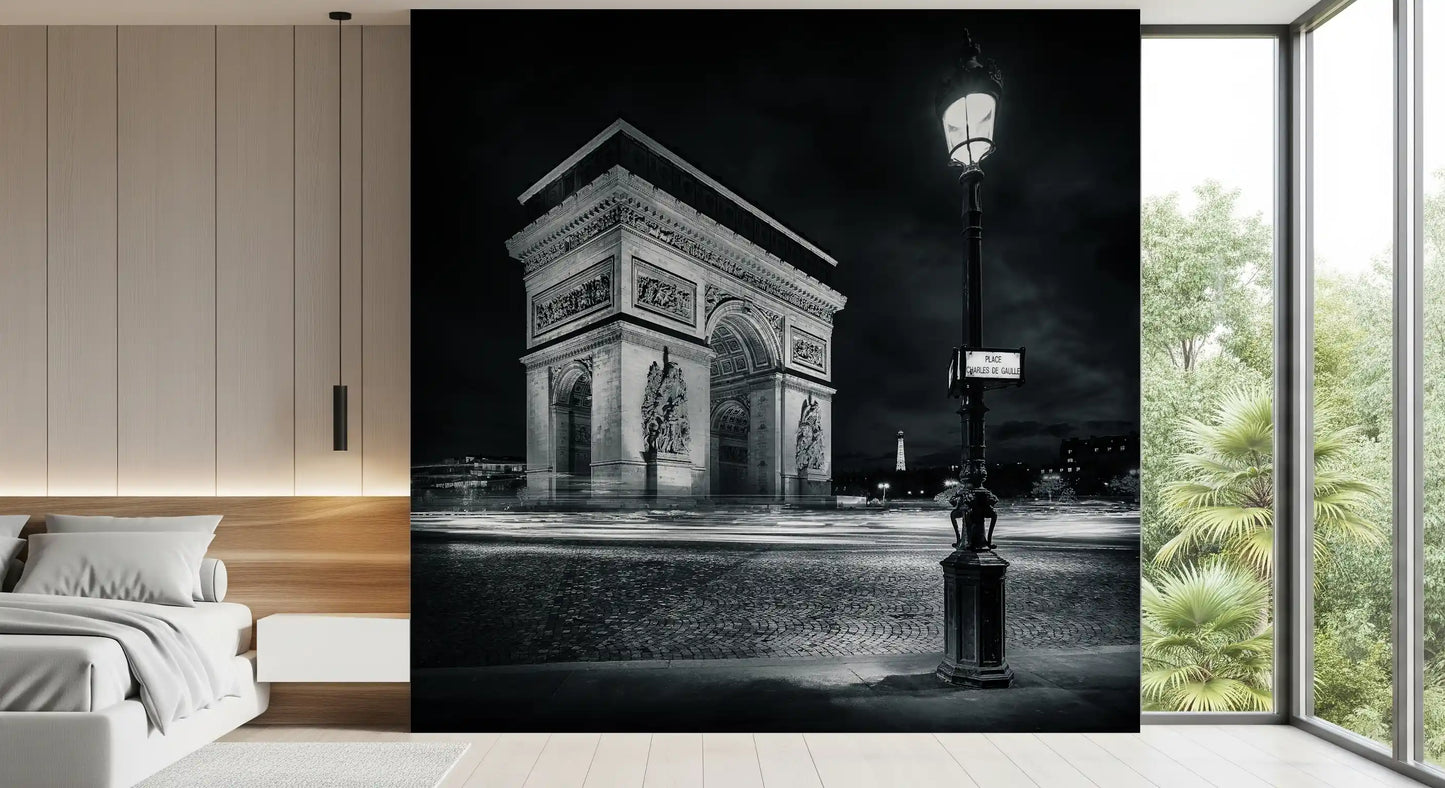 Carta da parati murale Archi di Parigi a mezzanotte e scie luminose