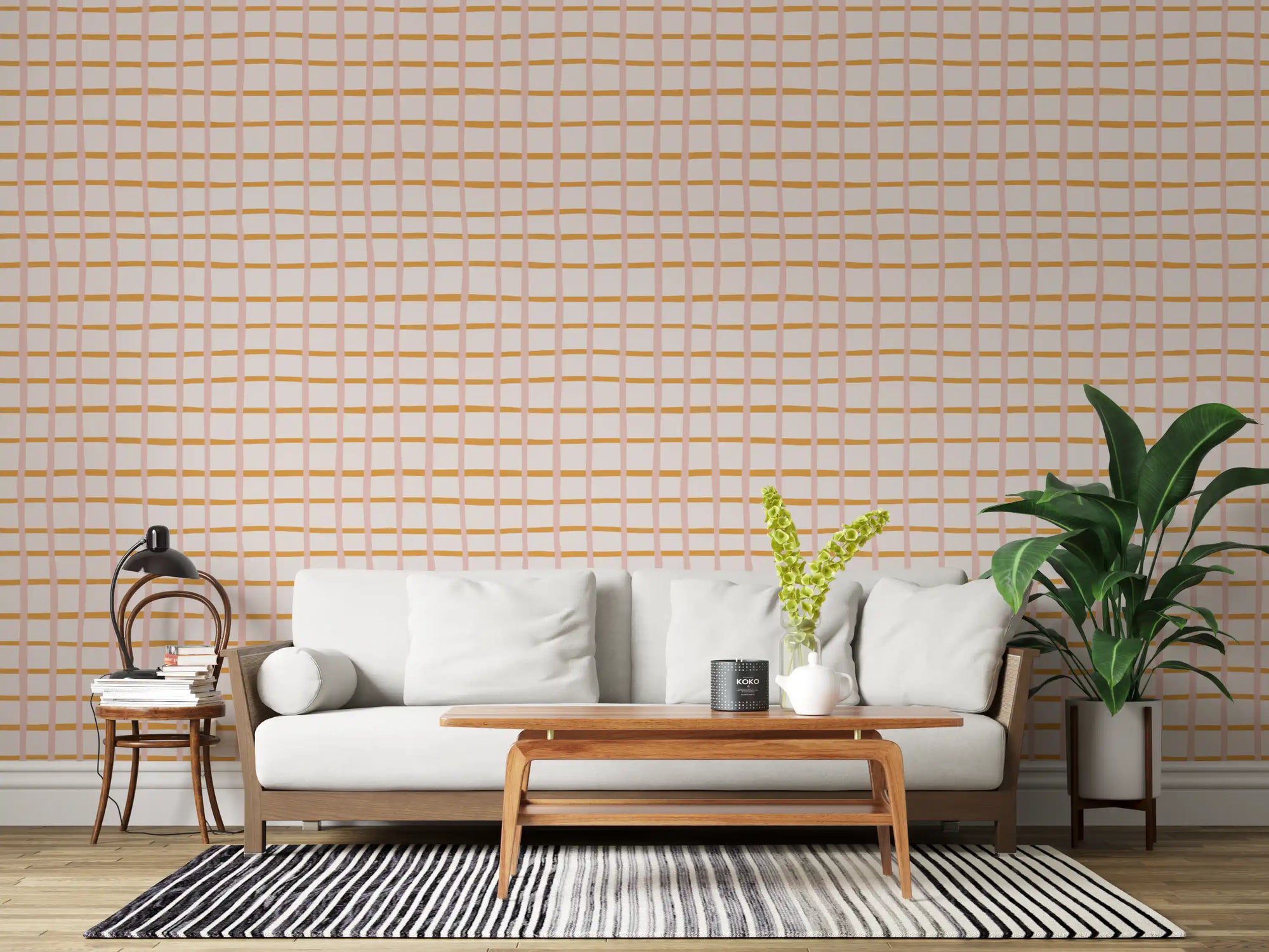 Mustard and pink checks lift a Living room, Pastel Abstract sketch wallpaper GD11040