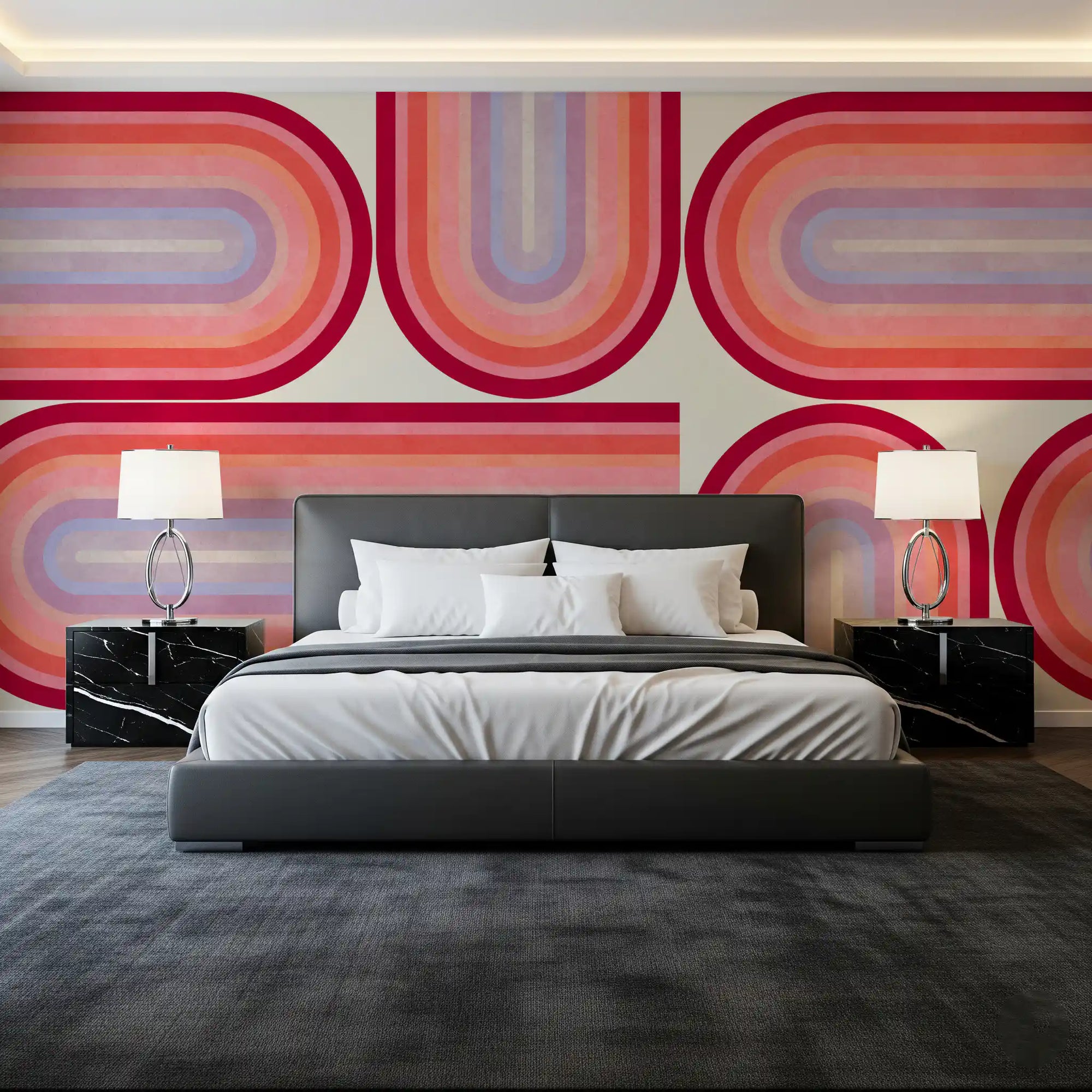 Mid Century Modern Groovy Curves wall mural warms a bedroom with retro loops GD11042
