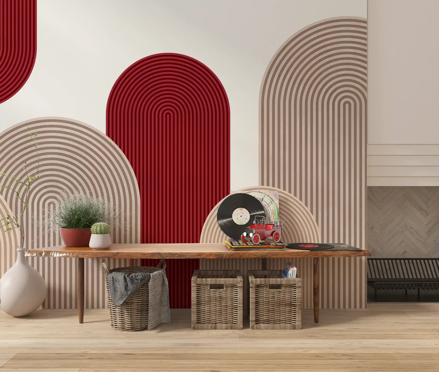Murale da parete Geometric Ribbon Cascade in rosso e sabbia