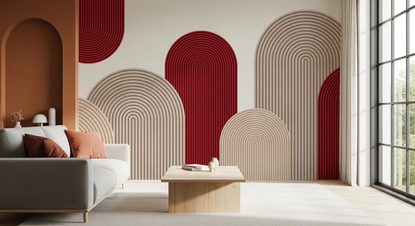 Murale da parete Geometric Ribbon Cascade in rosso e sabbia