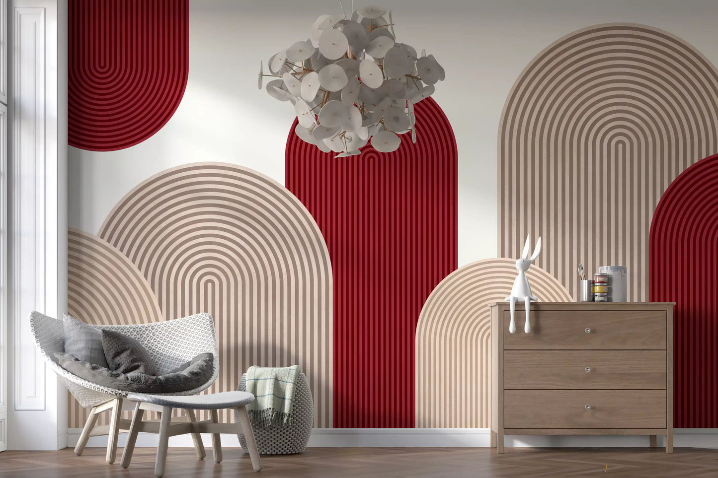 Murale da parete Geometric Ribbon Cascade in rosso e sabbia