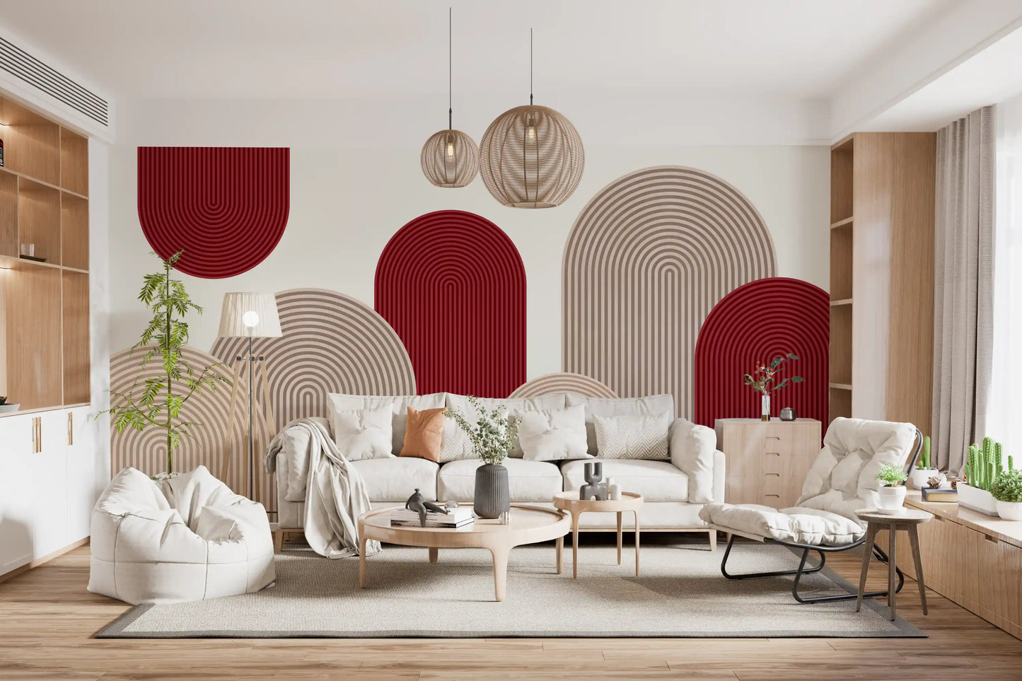 Murale da parete Geometric Ribbon Cascade in rosso e sabbia
