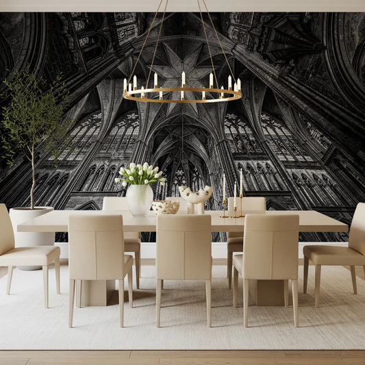 Monochrome vaults spread above a Dining room in this Gothic wall mural, GD11045
