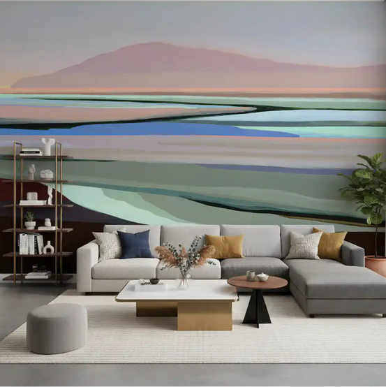 Muted coastal hills wall mural spanning a calm living room feature area GD11048