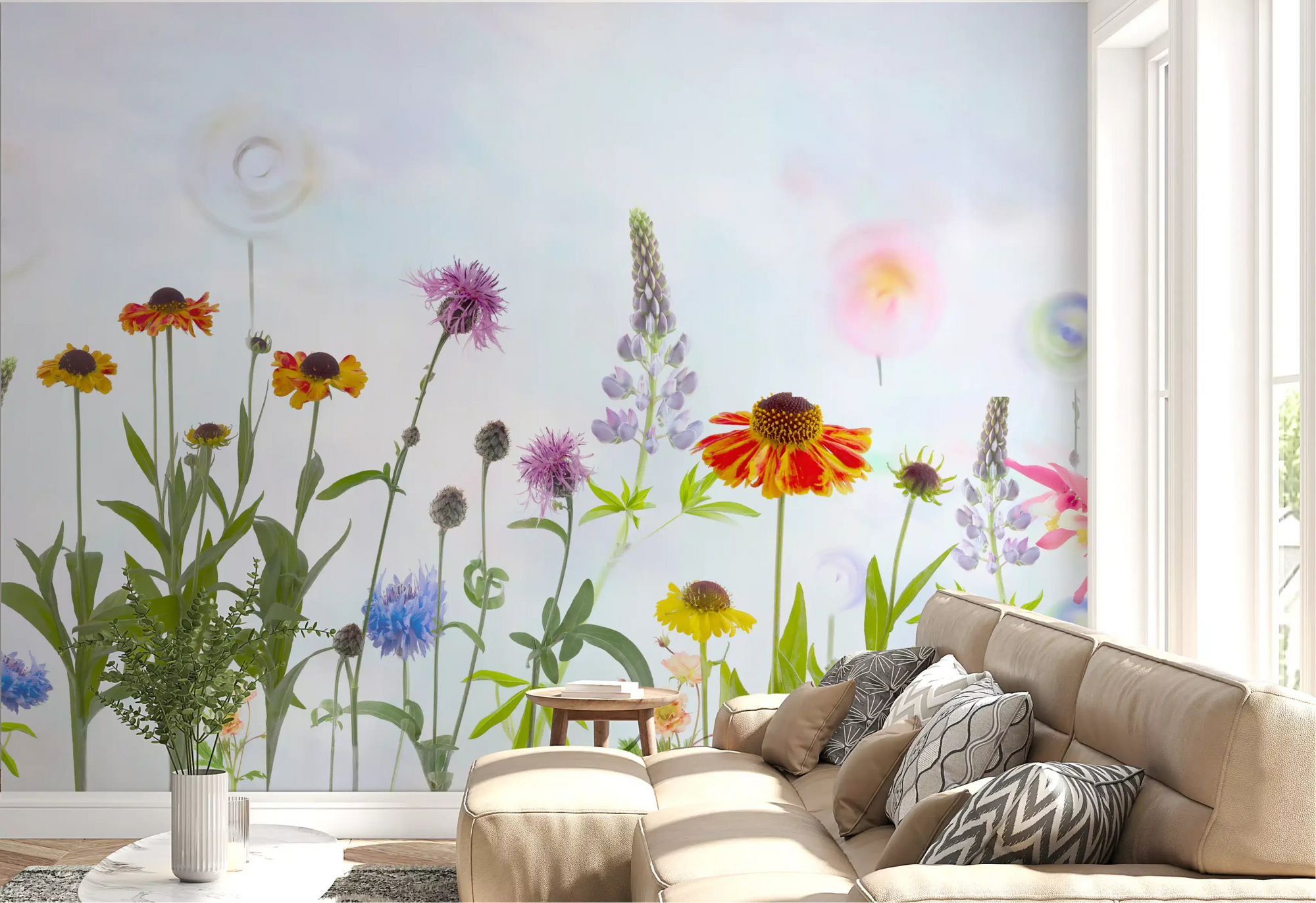 Pastel wildflower blooms in a calm living room, Dreamy Garden wall mural GD11049
