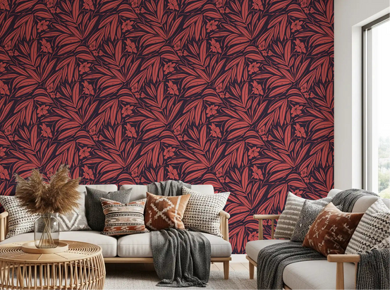 Crimson Foliage Silhouette wallpaper warming a living room with coral leaves GD11051