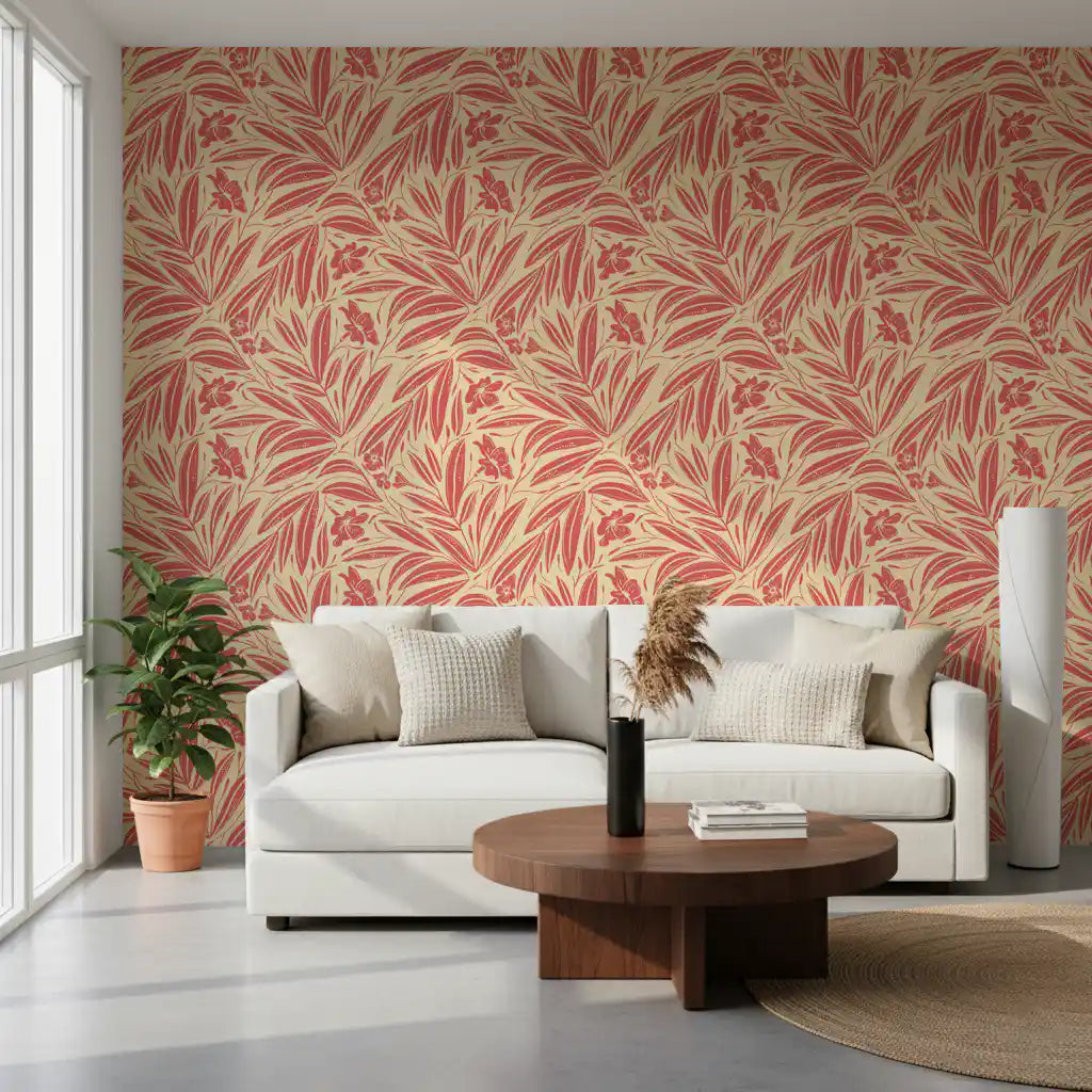 Coral leaves sweep across a living room feature in Bloom Botanical wallpaper GD11052