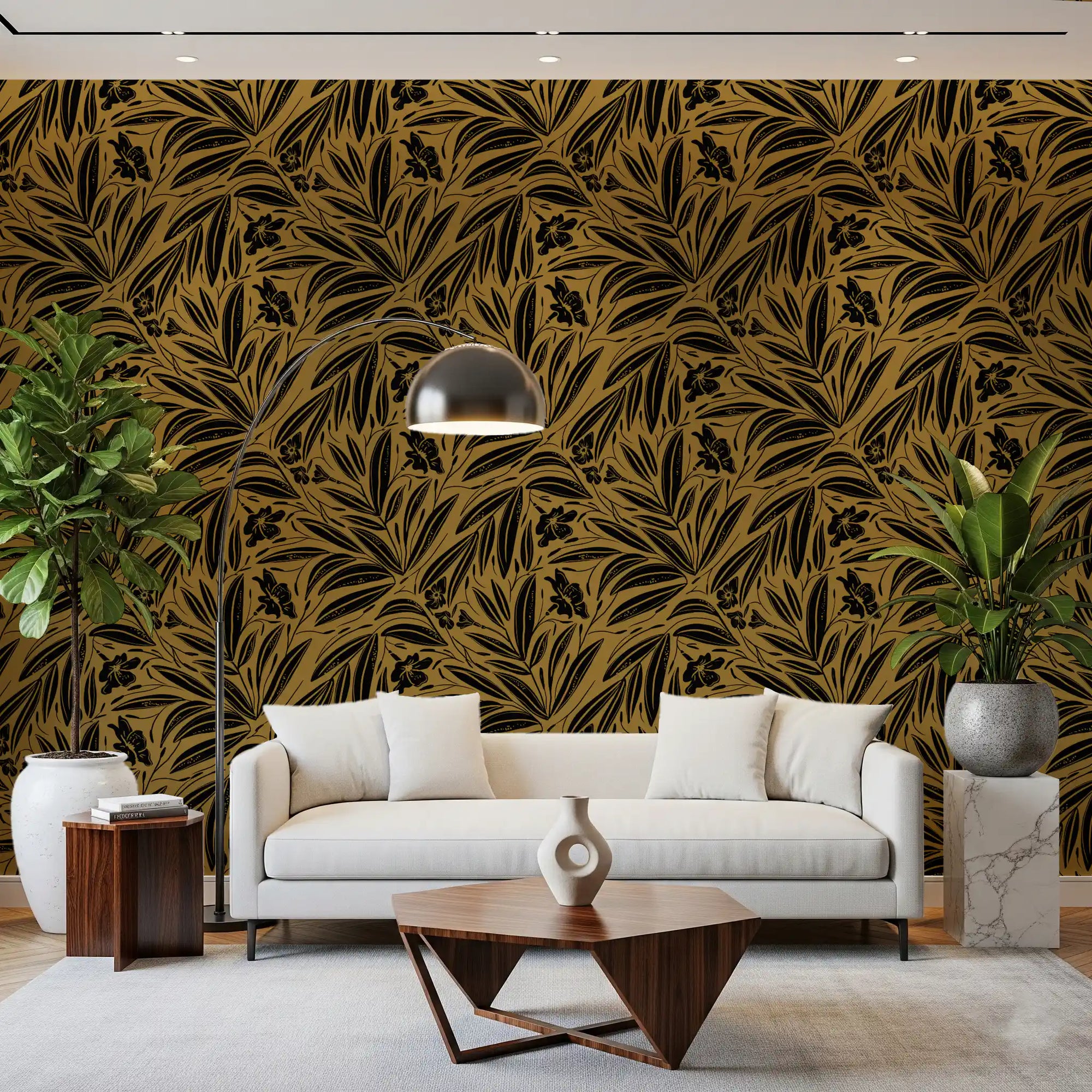 Golden botanical silhouette wallpaper filling a warm living room feature area GD11053