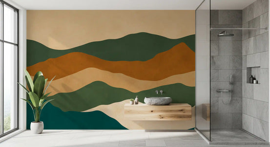 Tapet mural abstract cu straturi de munți în nuanțe pământii