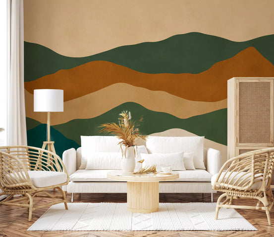 Earthy mountain layers stretch behind a living room in this wall mural GD11057

