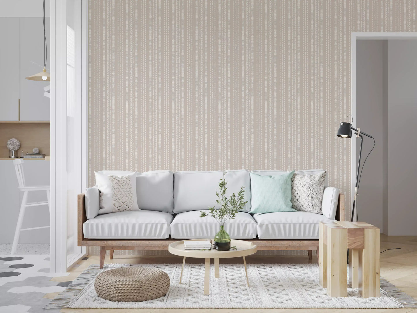Diskret cremet beige tapet med lineært motiv⁠