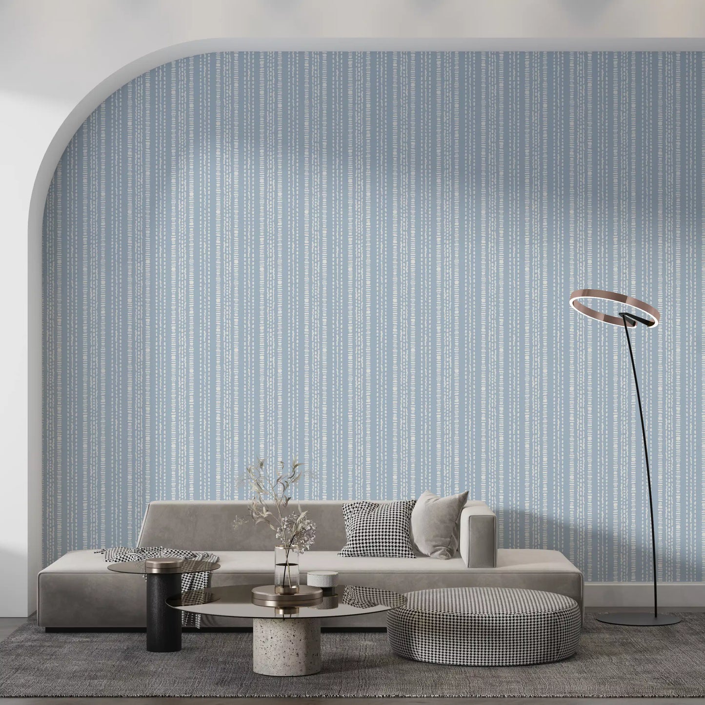 Papel de Parede com Padrão Linear em Creme e Índigo⁠