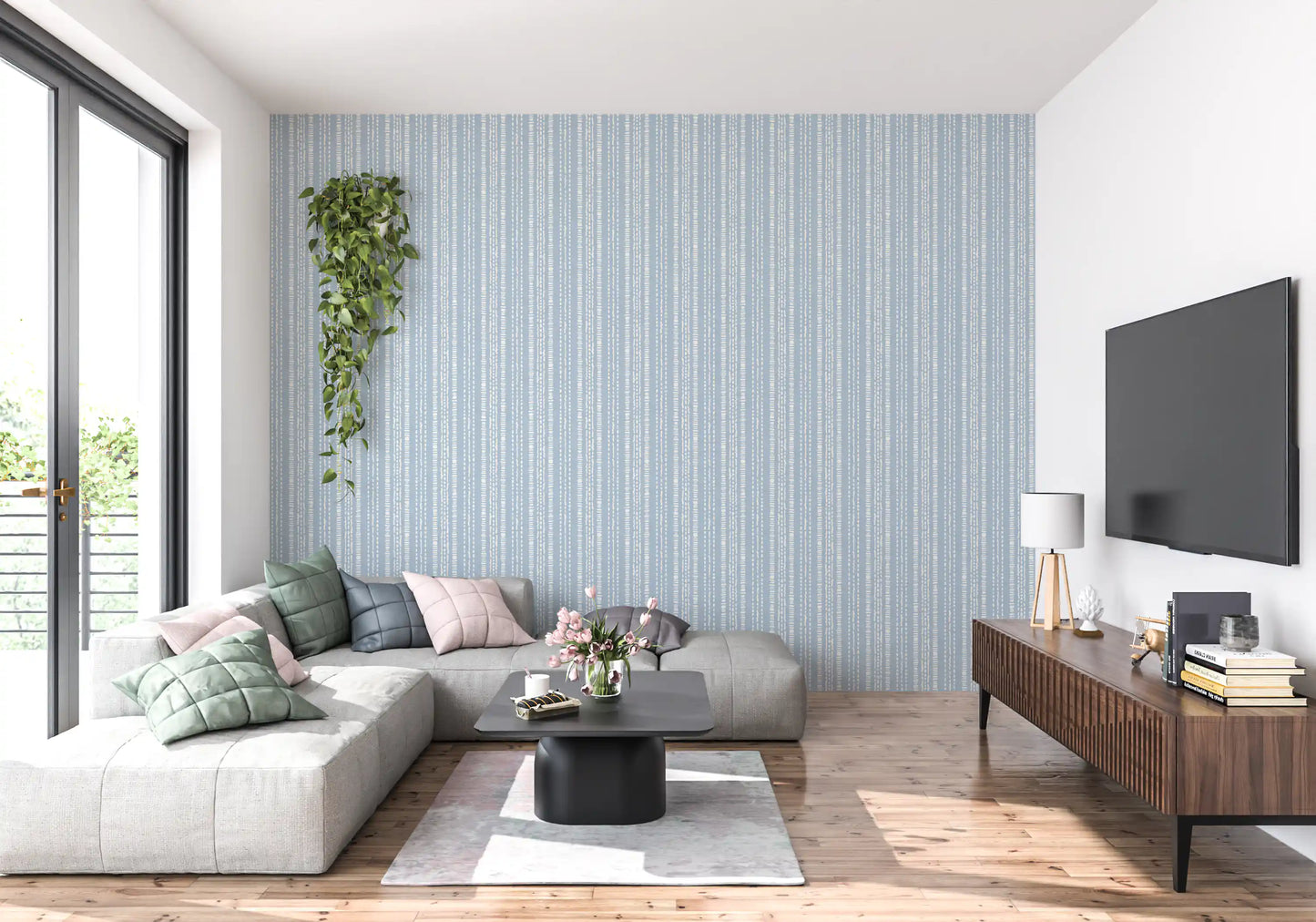 Papel de Parede com Padrão Linear em Creme e Índigo⁠