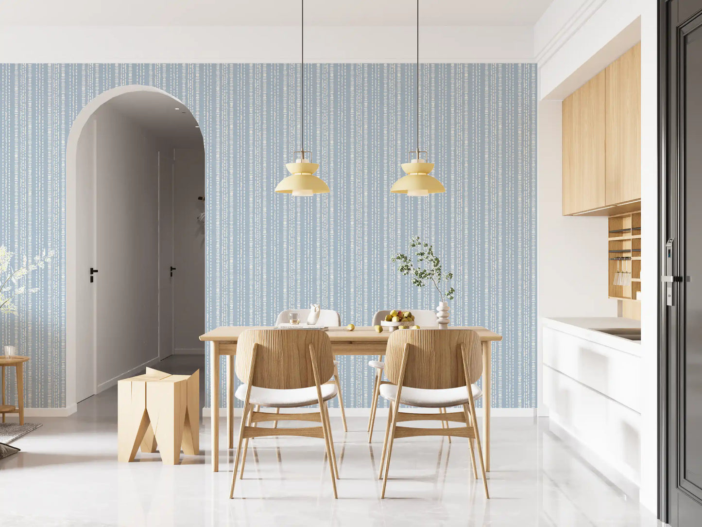 Papel de Parede com Padrão Linear em Creme e Índigo⁠
