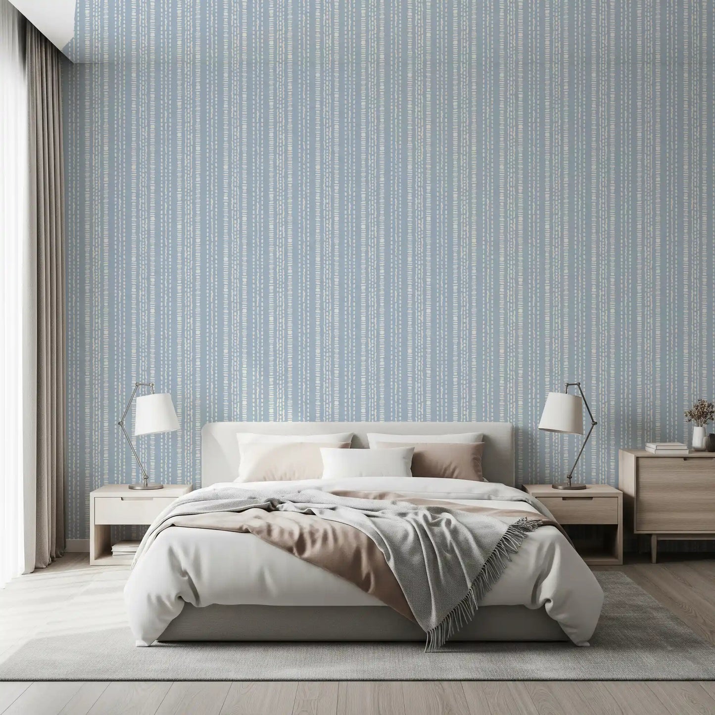 Papel de Parede com Padrão Linear em Creme e Índigo⁠