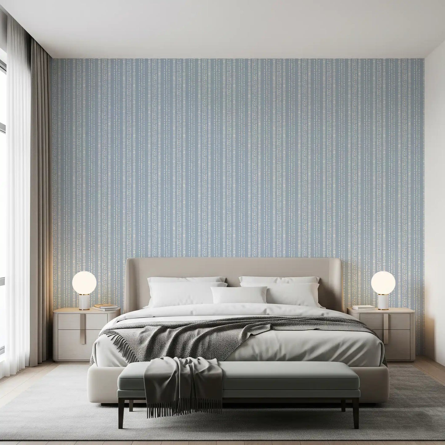 Papel de Parede com Padrão Linear em Creme e Índigo⁠