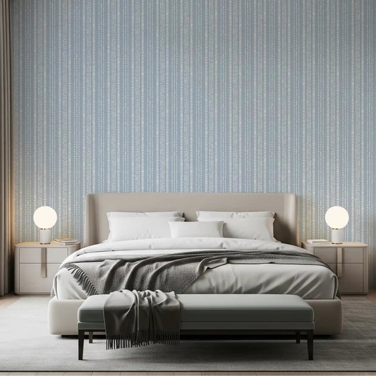 Bedroom styled with vertical cream lines over indigo wallpaper, GD11066