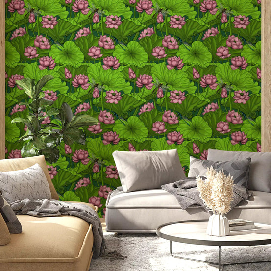 Lotus pond wallpaper fills a calm living room feature, GD11067
