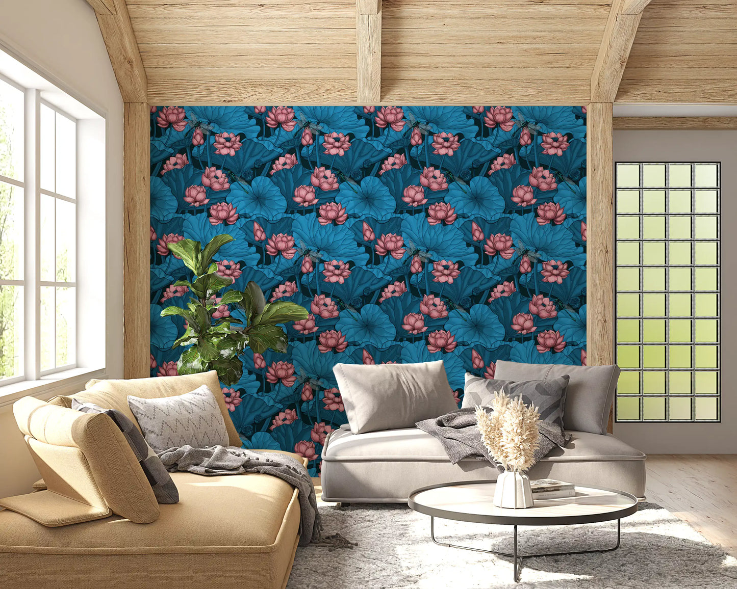 Zen-Lotus-Teich mit Libellen in Rosa und Blau Tapete