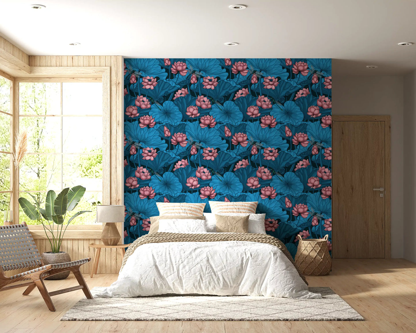 Zen-Lotus-Teich mit Libellen in Rosa und Blau Tapete