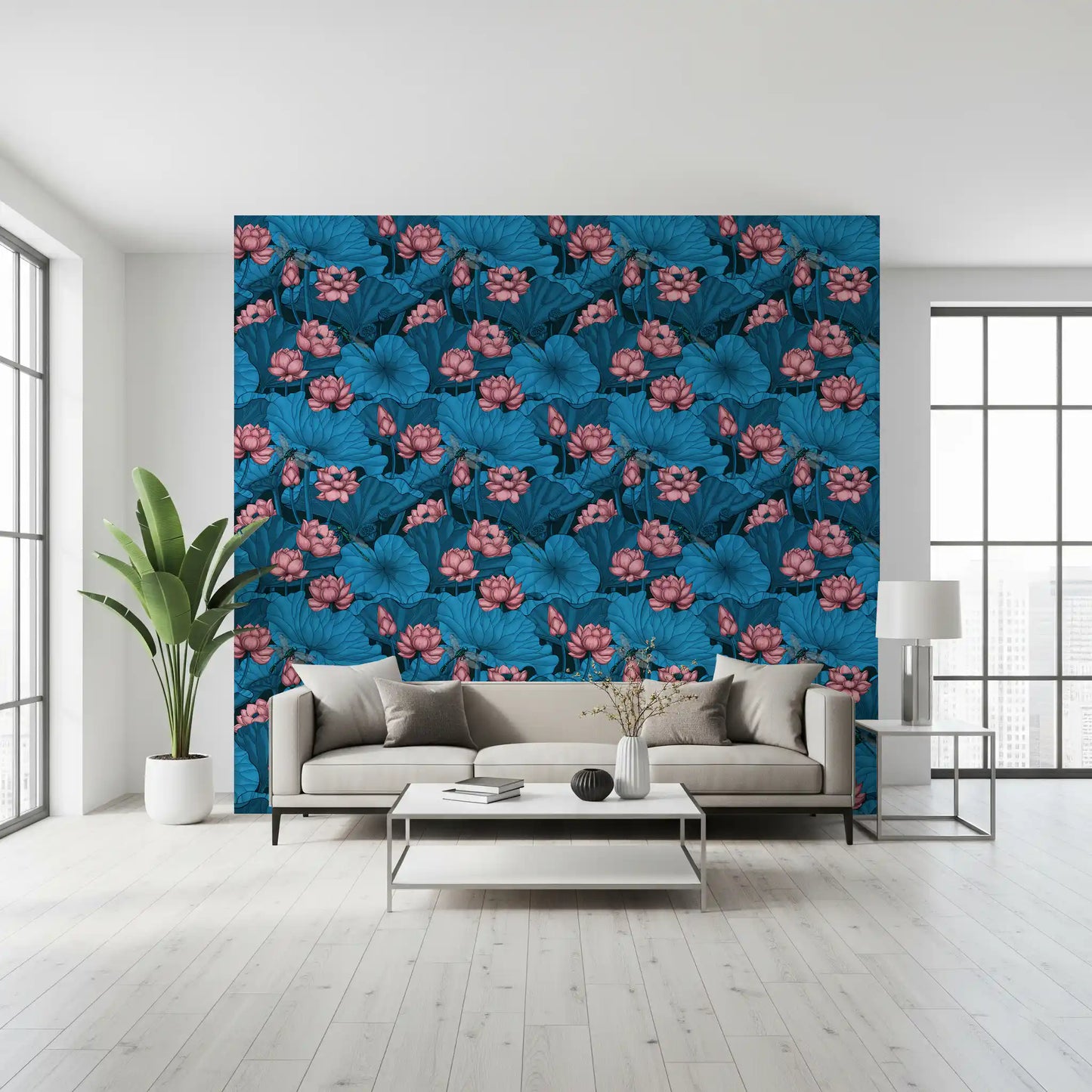 Zen-Lotus-Teich mit Libellen in Rosa und Blau Tapete