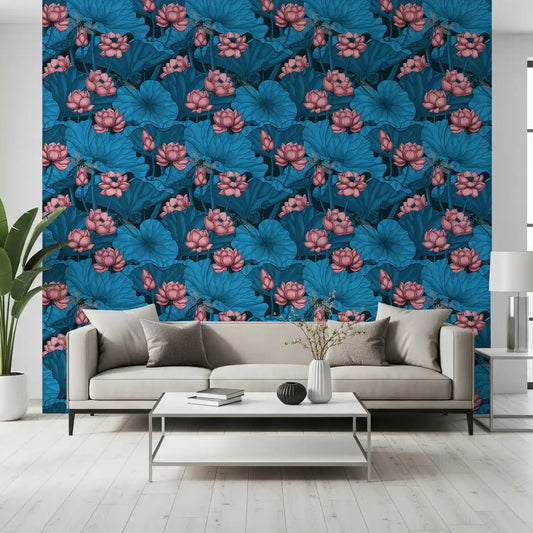 Pink lotus blooms on Living room wallpaper in deep blue tones, GD11068
