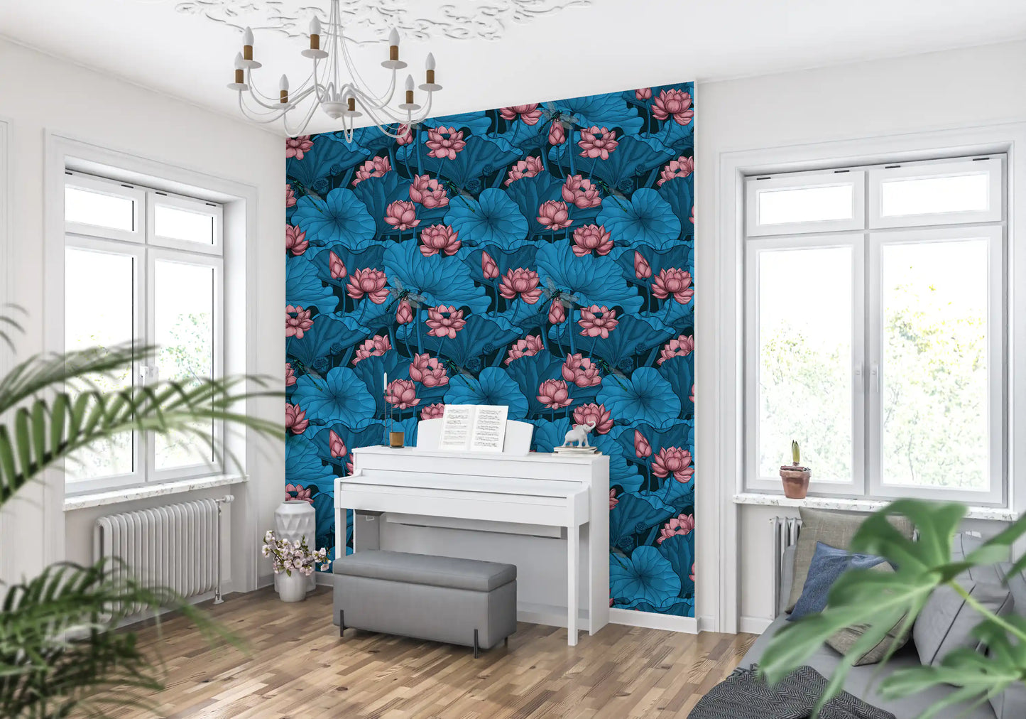 Zen-Lotus-Teich mit Libellen in Rosa und Blau Tapete