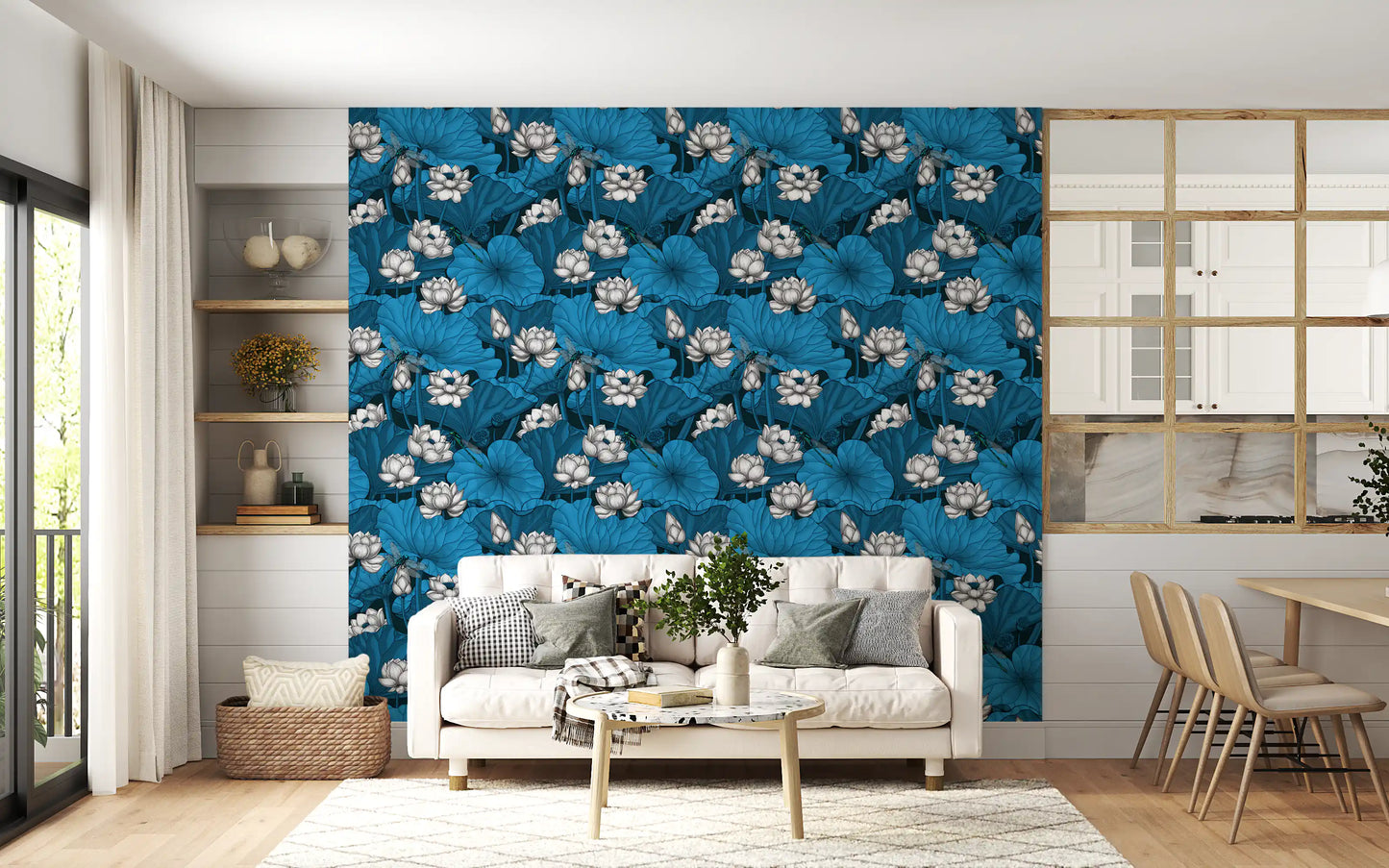 Papier peint Étang de lotus zen avec libellules en blanc et bleu