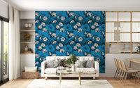 Papier peint Étang de lotus zen avec libellules en blanc et bleu