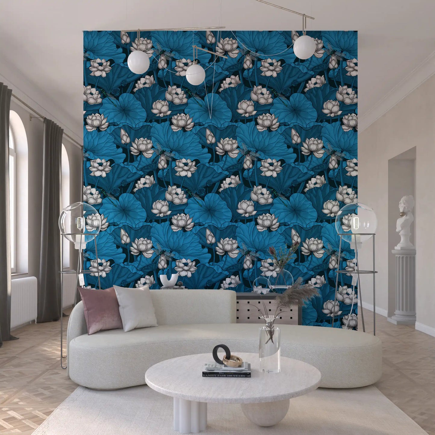 Papier peint Étang de lotus zen avec libellules en blanc et bleu