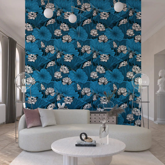 Dragonflies and white lotus wrapping a living room in cool blue GD11069

