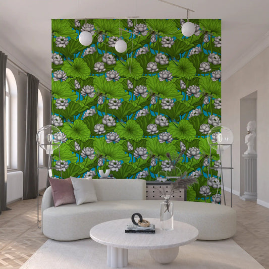 Papier peint Étang de lotus zen avec libellules en blanc et vert