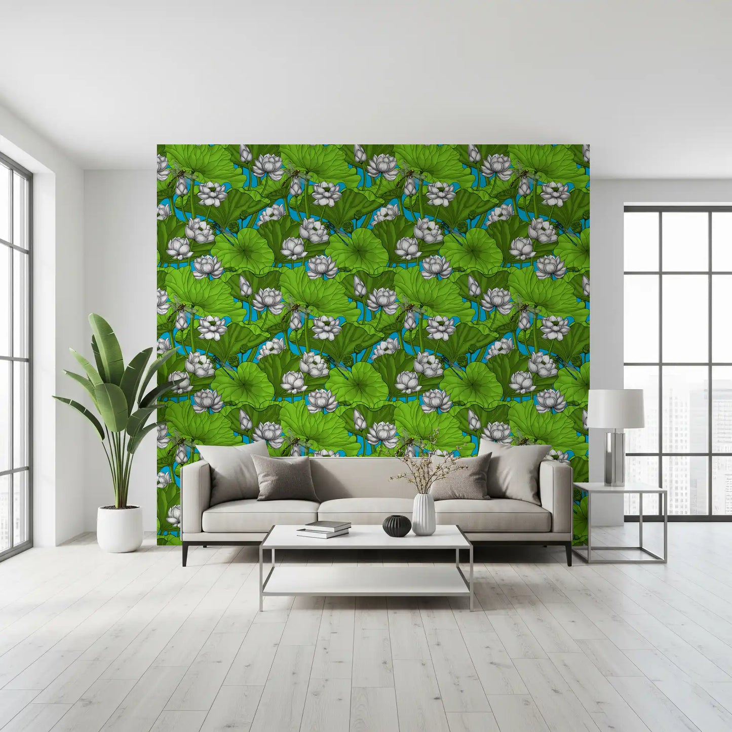 Zen Lotus Pond with Dragonflies in white and green Wallpaper⁠