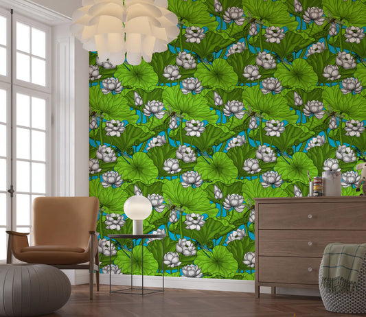 Papier peint Étang de lotus zen avec libellules en blanc et vert