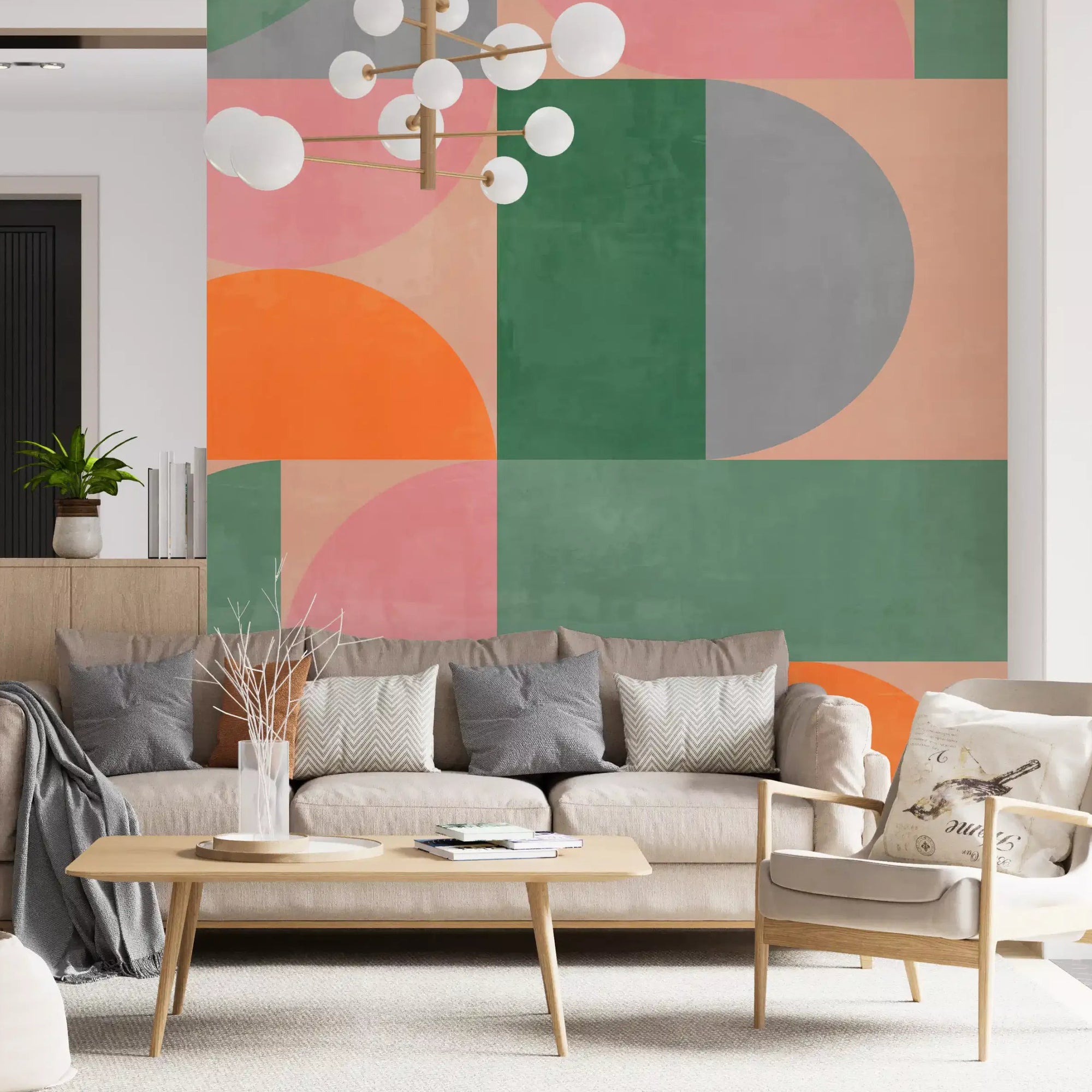 Modern Geometric Arches wall mural filling a bright living room, GD11074
