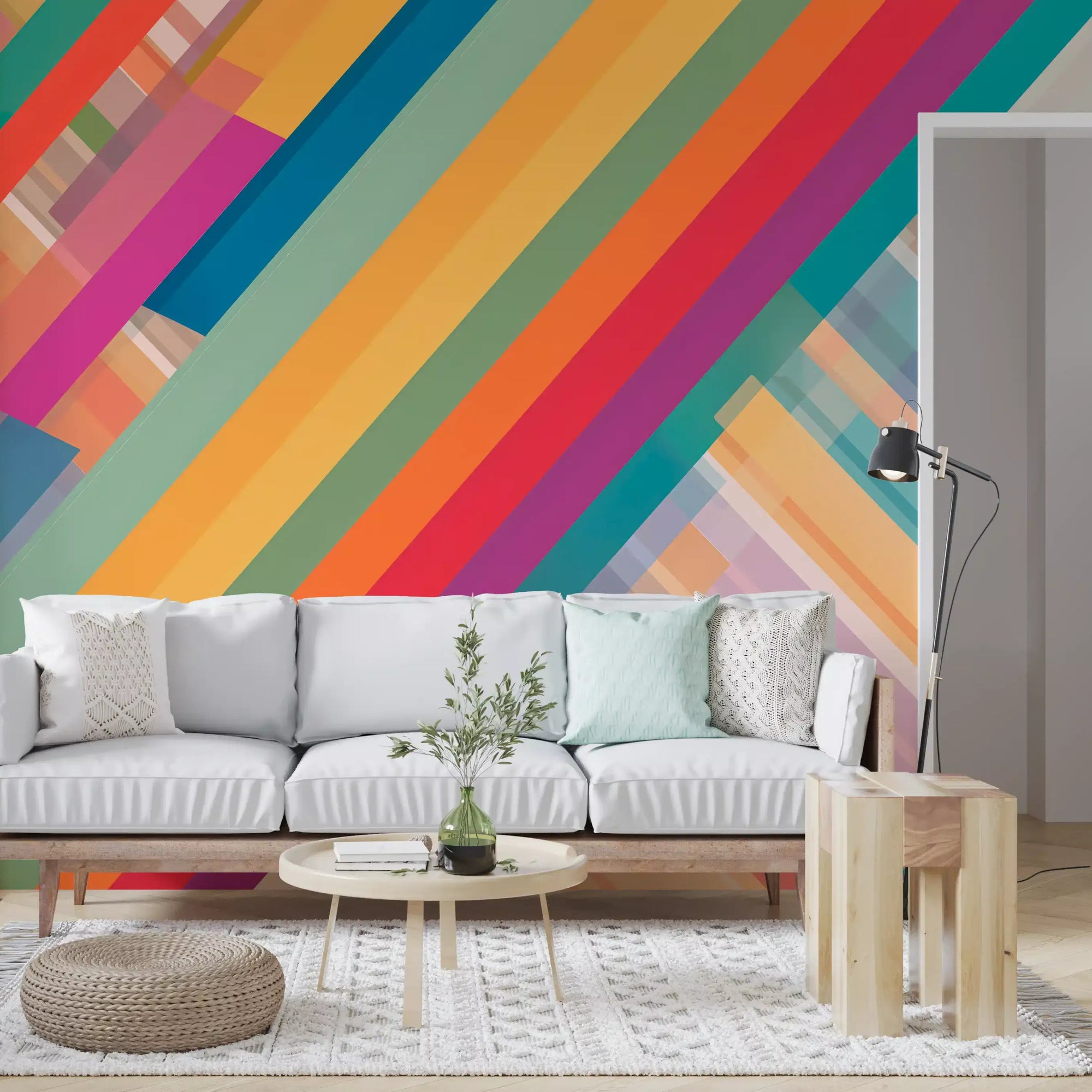 Vibrant diagonal stripes livening a living room in this wall mural, GD11076
