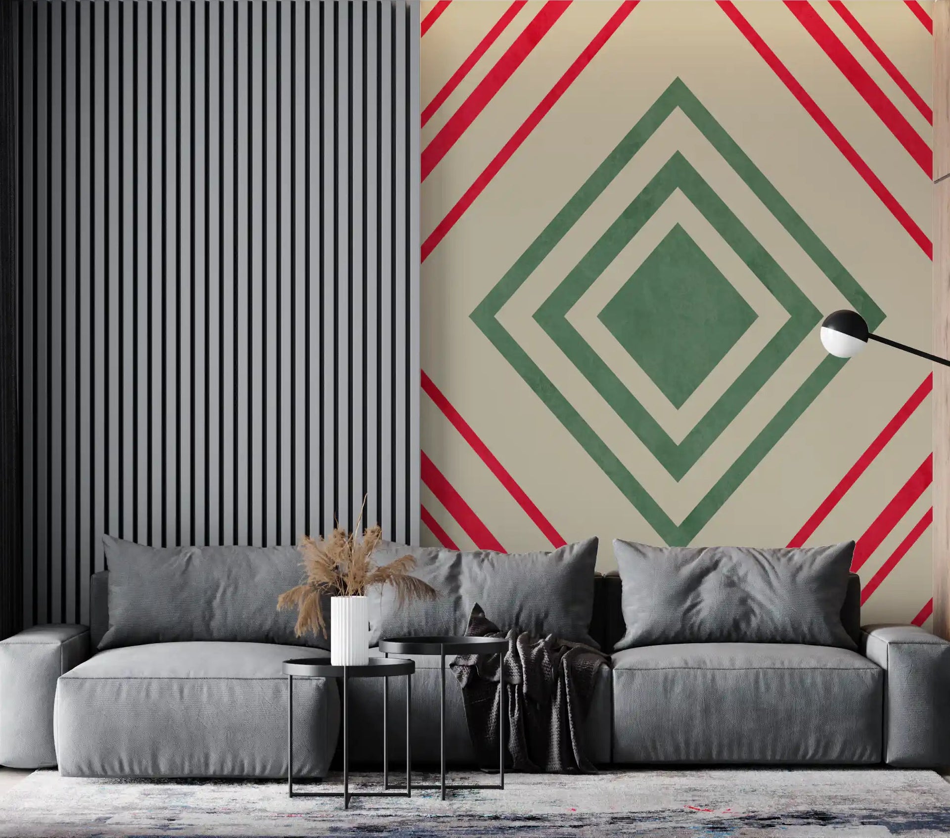 Red and green diamond lines wall mural featured in a living room GD11078