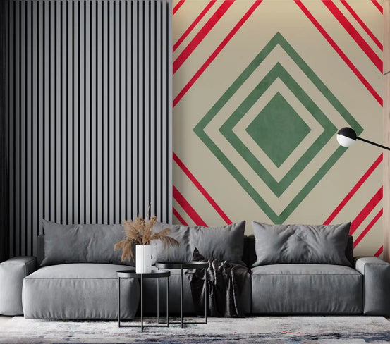 Red and green diamond lines wall mural featured in a living room GD11078